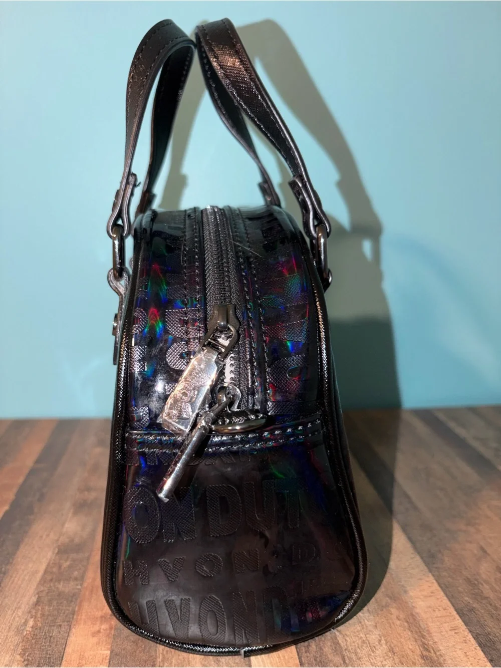 Von Dutch Black Holographic Onyx Logo Bowling Bag Detachable Strap NWOT